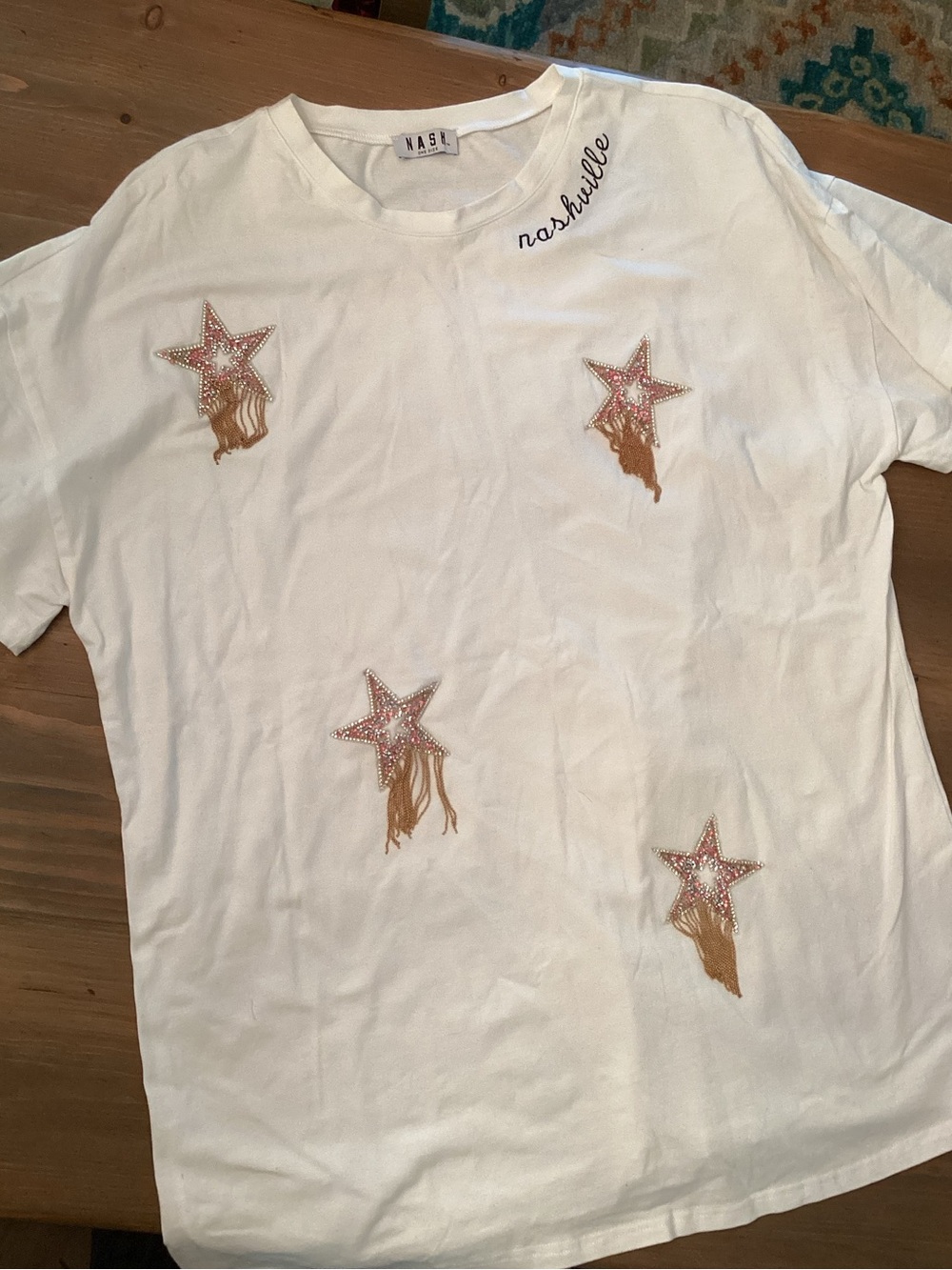 NASH CREAM OVERSIZED T SHIRT BEADED FRINGED GOLD STAR GRAPHIC  NWOT